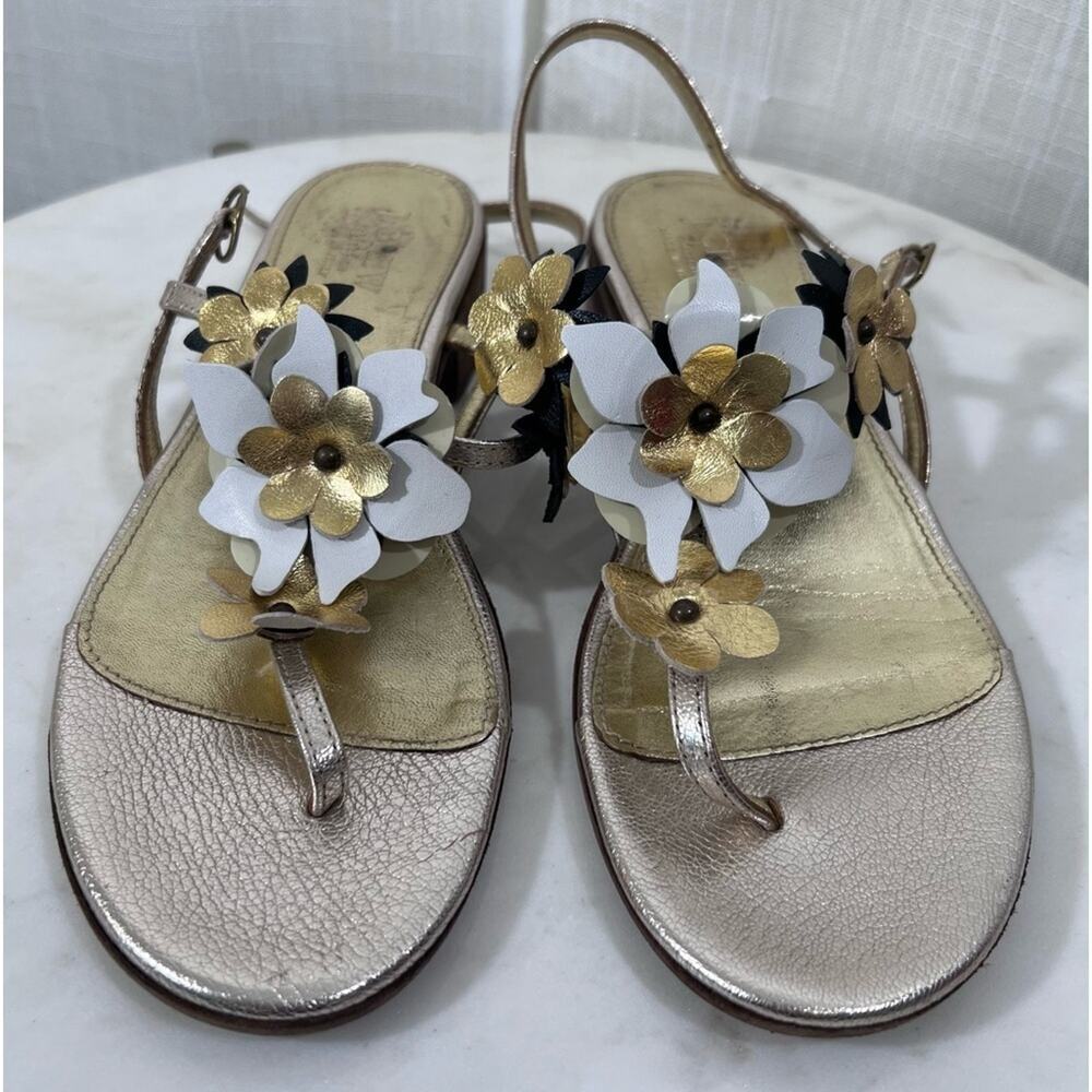 J Crew Collection Made In Italy Leather Gold Floral Boho Elegant Sandals Size 8